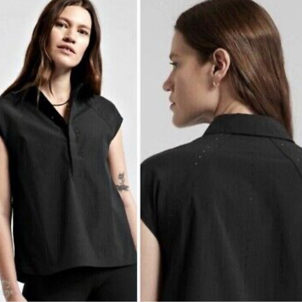 Athleta Sol Black Cap Sleeve Button Down Shirt Relaxed Fit